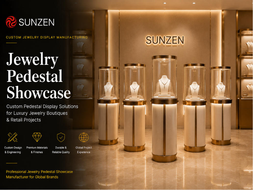 Luxury custom jewelry pedestal showcase manufactured by SUNZEN for premium jewelry boutiques